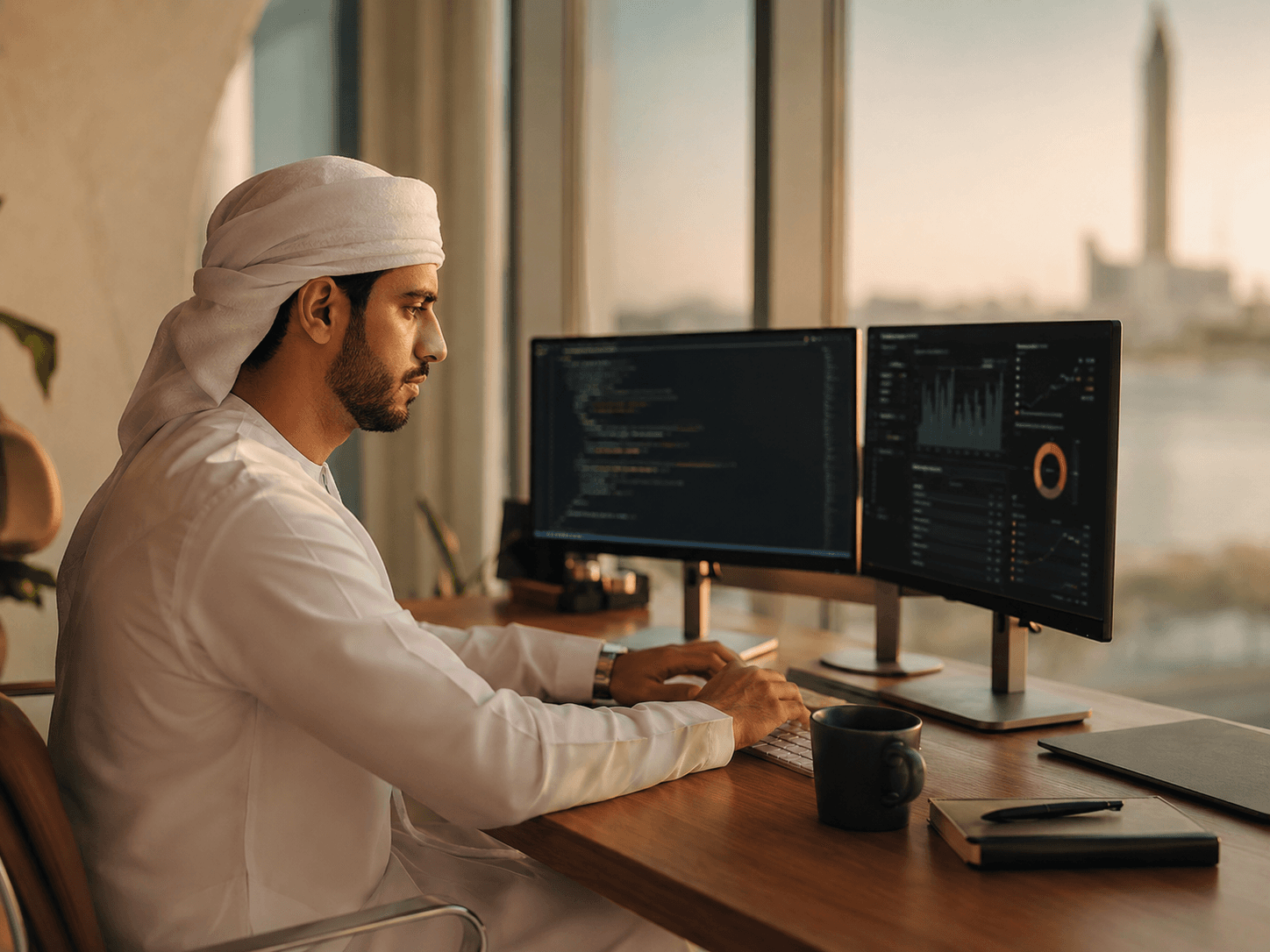 شخص يعمل على مكتب بشاشتين في ضوء نافذة دافئ
