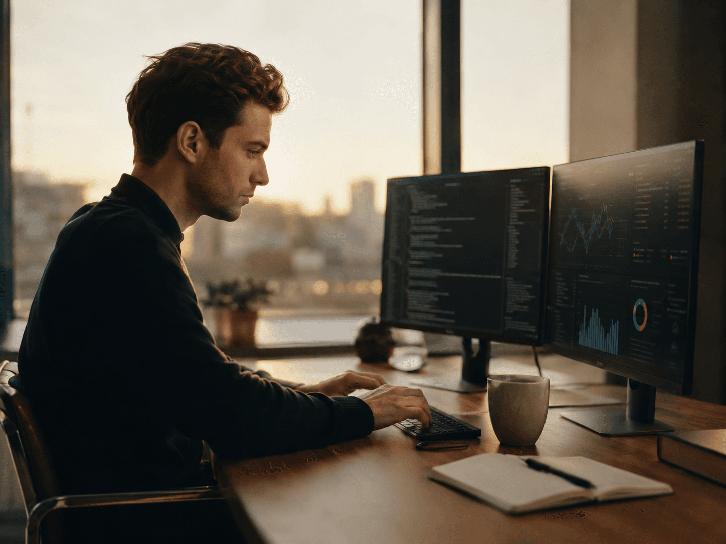 A builder working at a multi-screen desk in warm afternoon window light