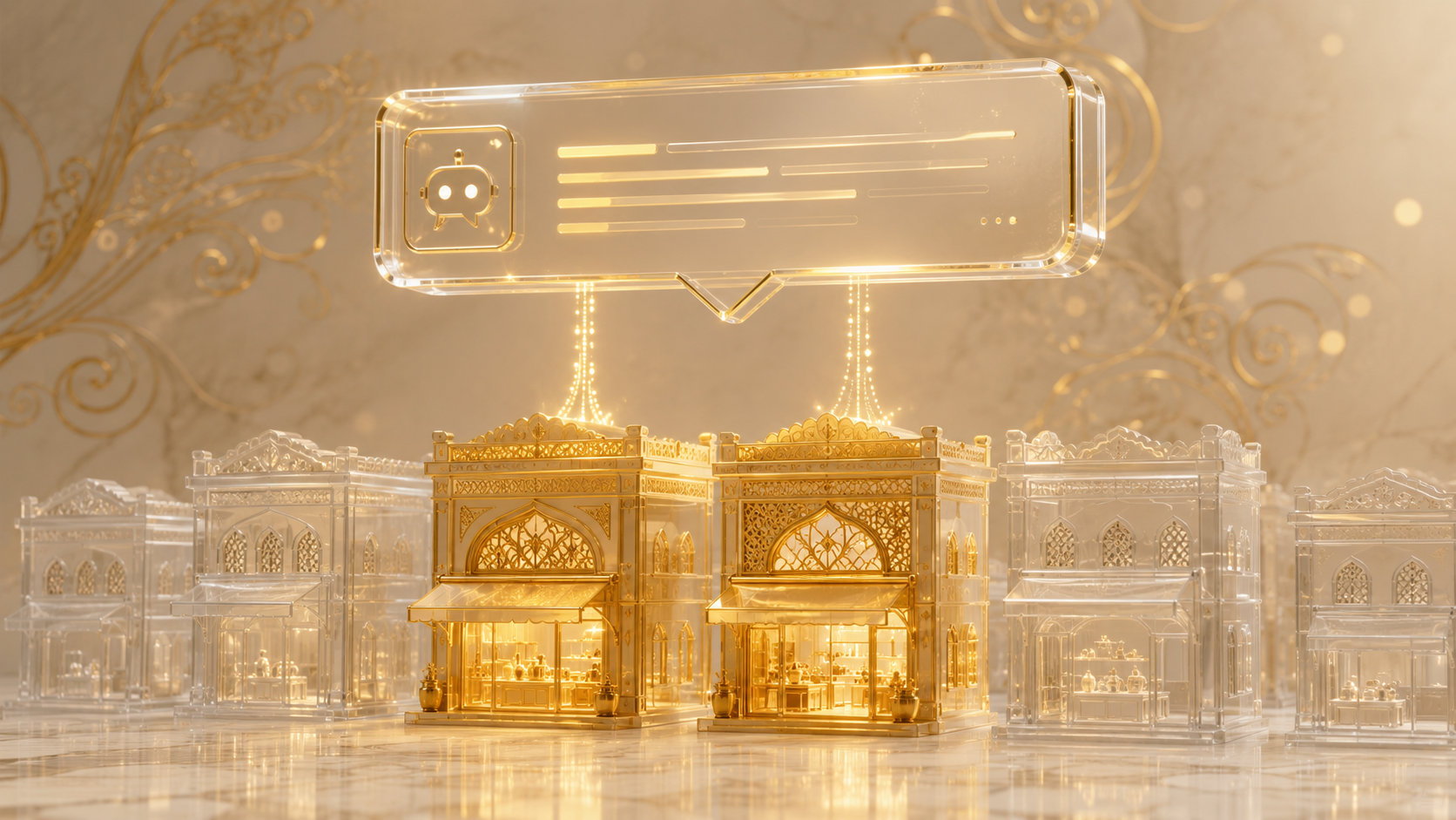 Glass-and-gold 3D illustration of an AI answer panel highlighting only some storefronts